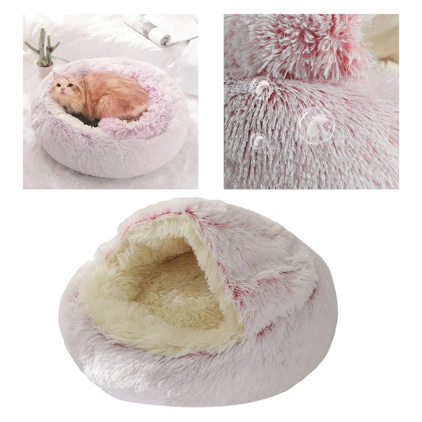 Self Warm Plush Hooded Pet Bed Round Fluffy Soft Cat Bed Pet Warm Cushion Cat Dog 2 in 1 Sleeping Nest Cave for Small Medium Pet