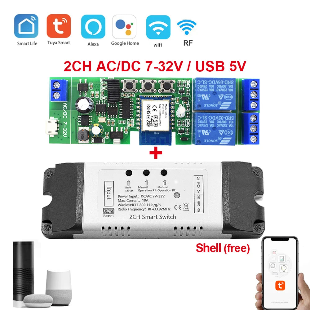Tuya Wifi Smart Switch Electric Linear Actuator Motor Controller,DC AC 12V 24V 32V,110V 220V RF433 Remote,2CH Pulse Module Relay