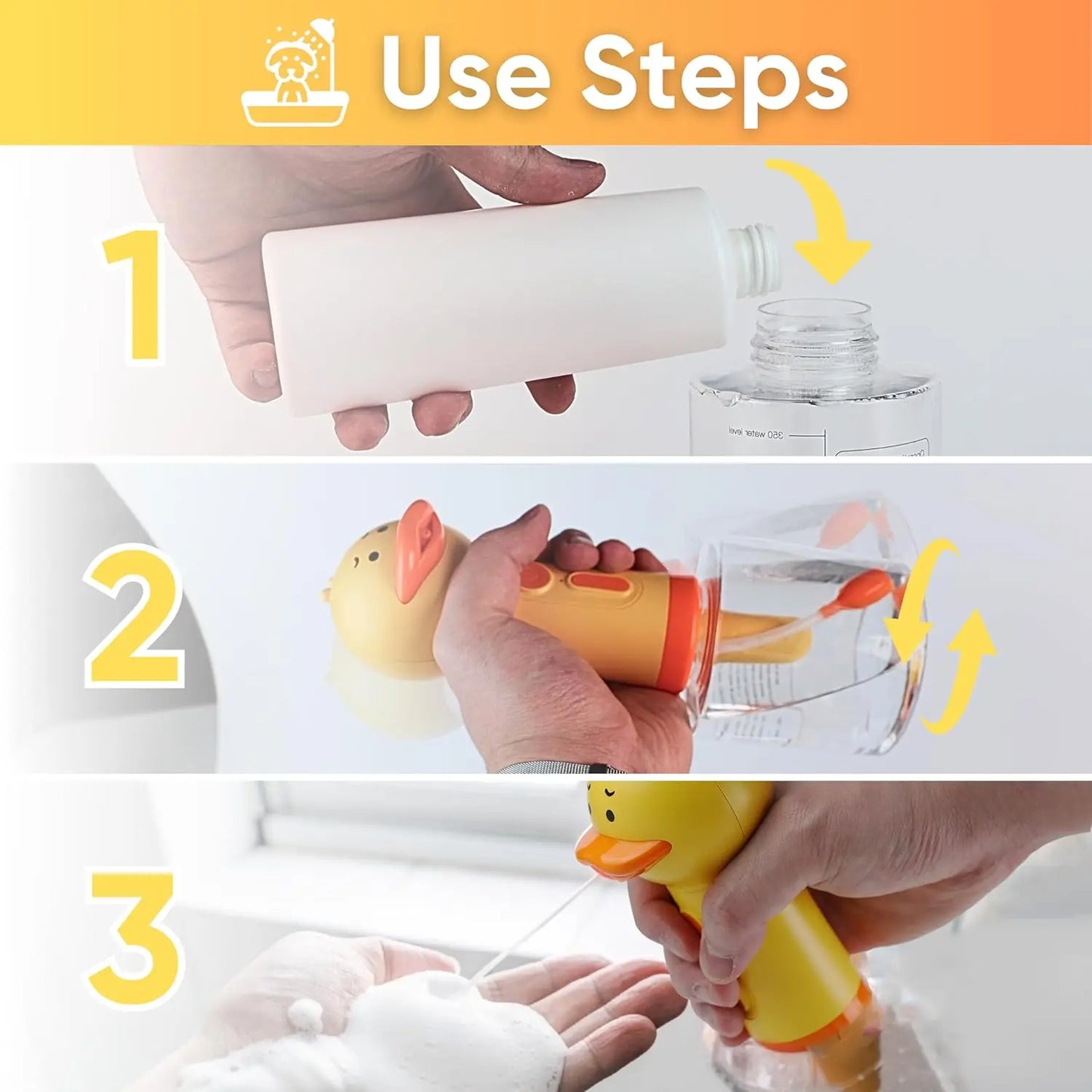 Yellow Duck Automatic Foam Soap Dispenser for Pet Bathing, USB Charging Electric Cleaner for Dogs and Cats with Gentle Foam