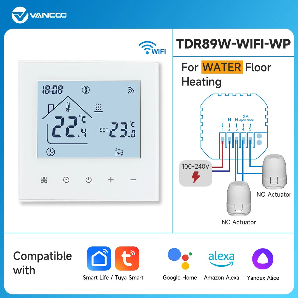3A Water Floor Heating System Smart WIFI Thermostat with Central Actuators Connecting 8Sub-chamber Hub Controller For Gas Boiler