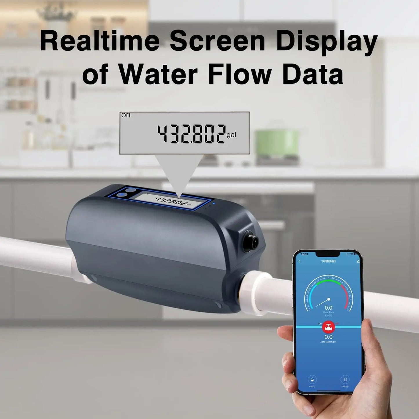 Haozee Tuya Smart WiFi Water Valve Shutoff Water Flow Meter Built in Rechargable Battery for DN20 3/4-Inch Diameter Pipe