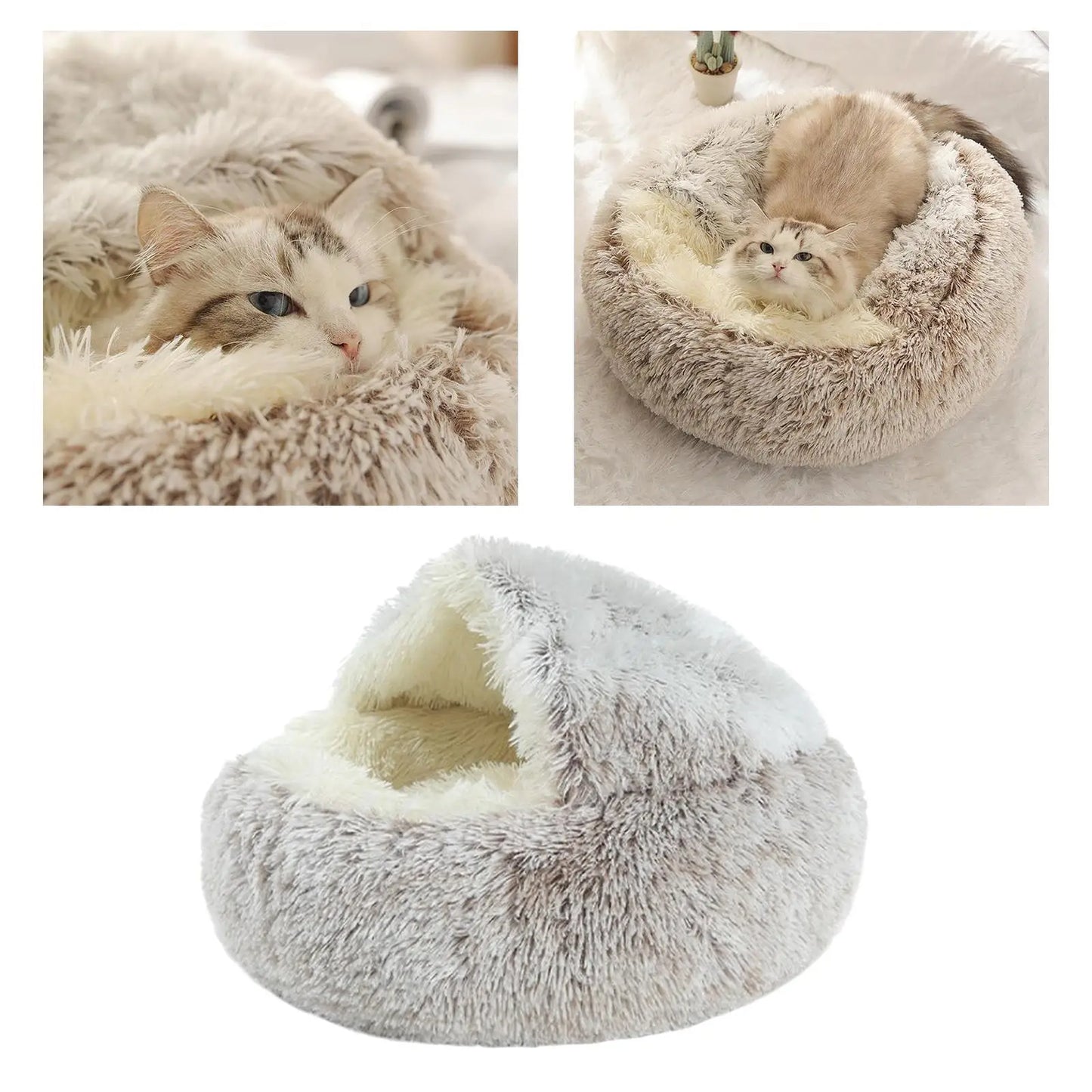 Self Warm Plush Hooded Pet Bed Round Fluffy Soft Cat Bed Pet Warm Cushion Cat Dog 2 in 1 Sleeping Nest Cave for Small Medium Pet