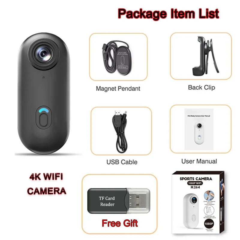 4K UHD Mini Vlog Camera Wireless WiFi Sports Action Camera Small Pocket Body Camcorder Photography Videography Portable Camera