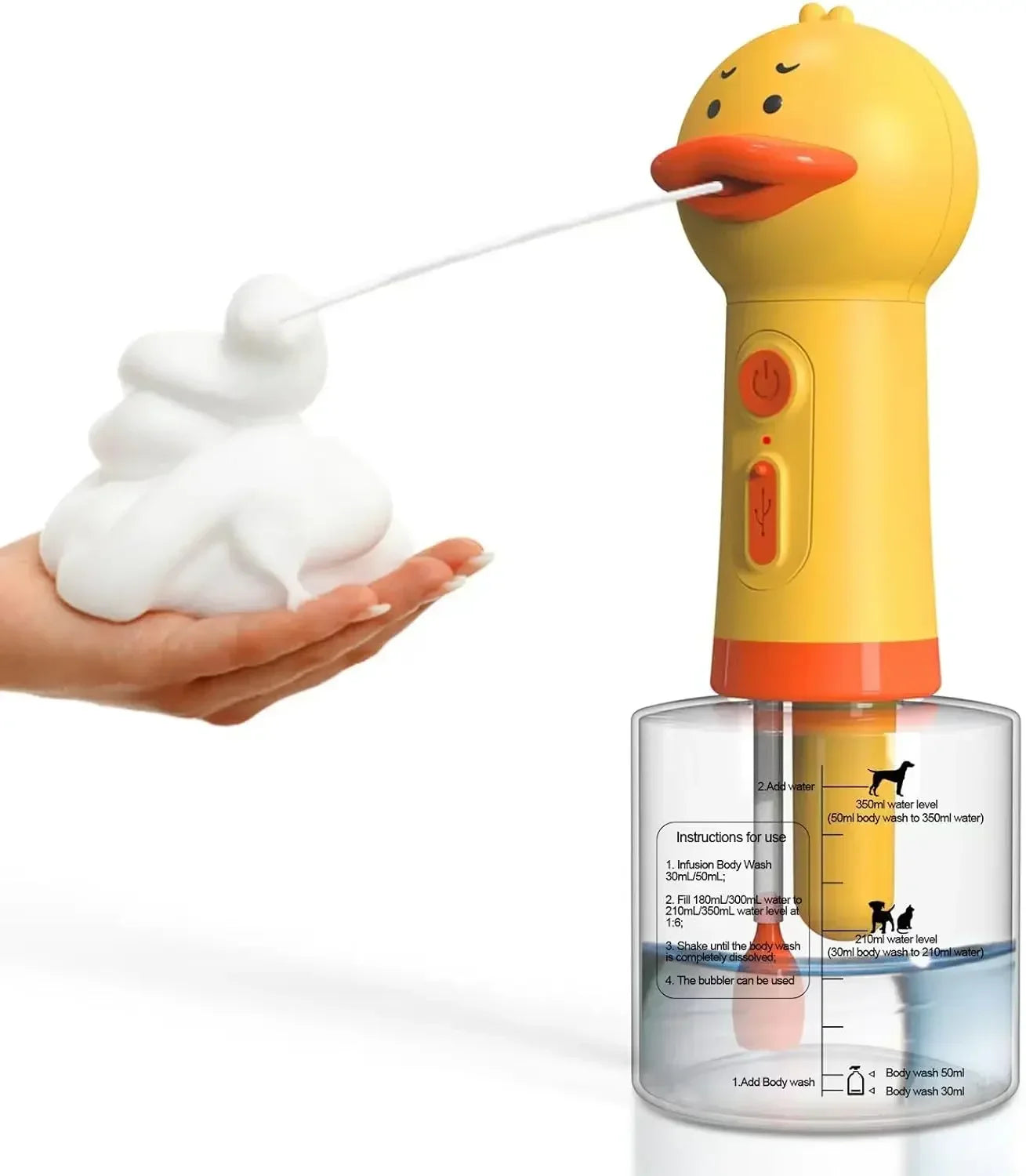 Yellow Duck Automatic Foam Soap Dispenser for Pet Bathing, USB Charging Electric Cleaner for Dogs and Cats with Gentle Foam