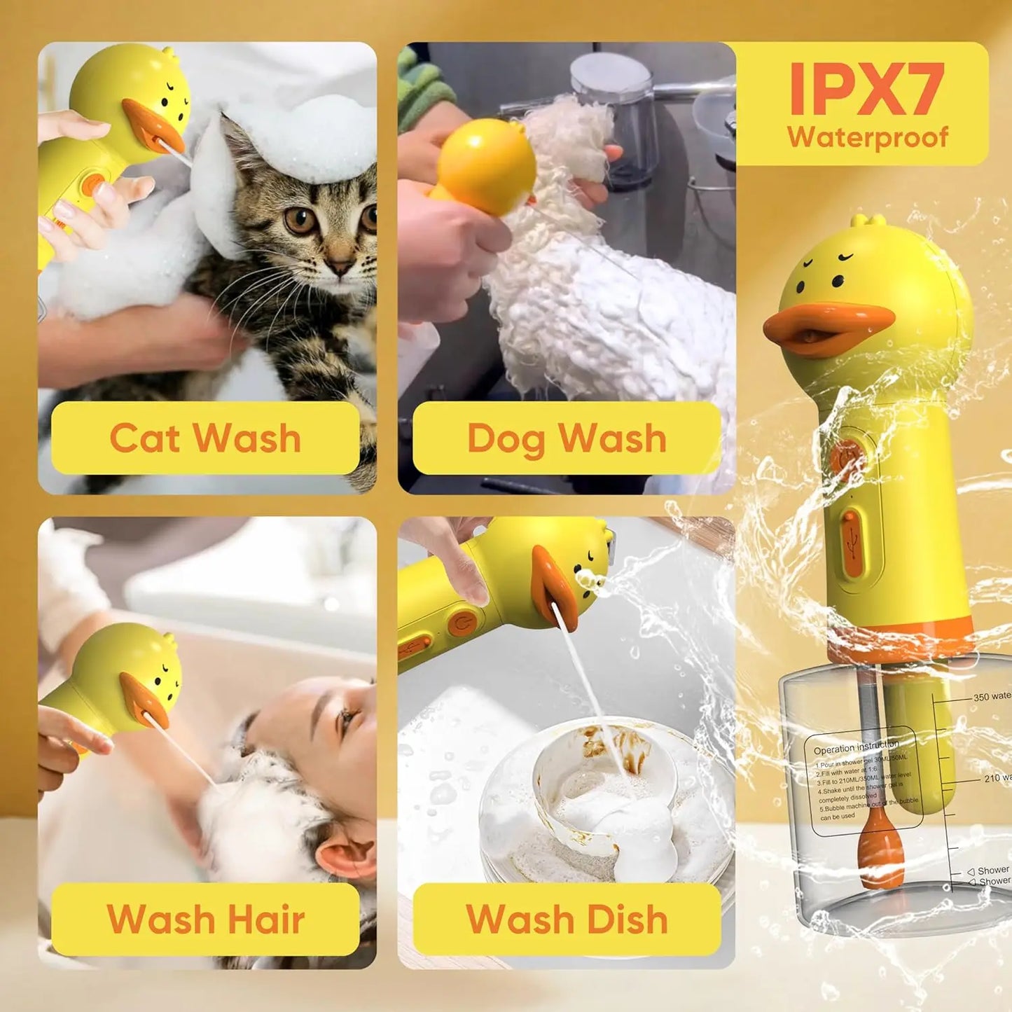 Yellow Duck Automatic Foam Soap Dispenser for Pet Bathing, USB Charging Electric Cleaner for Dogs and Cats with Gentle Foam