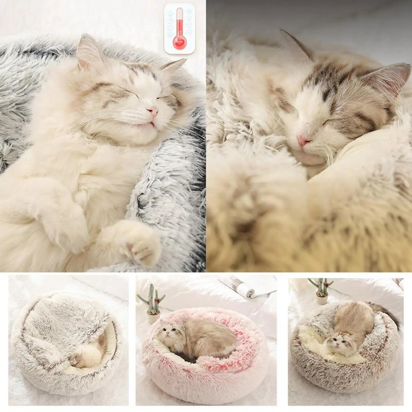 Self Warm Plush Hooded Pet Bed Round Fluffy Soft Cat Bed Pet Warm Cushion Cat Dog 2 in 1 Sleeping Nest Cave for Small Medium Pet