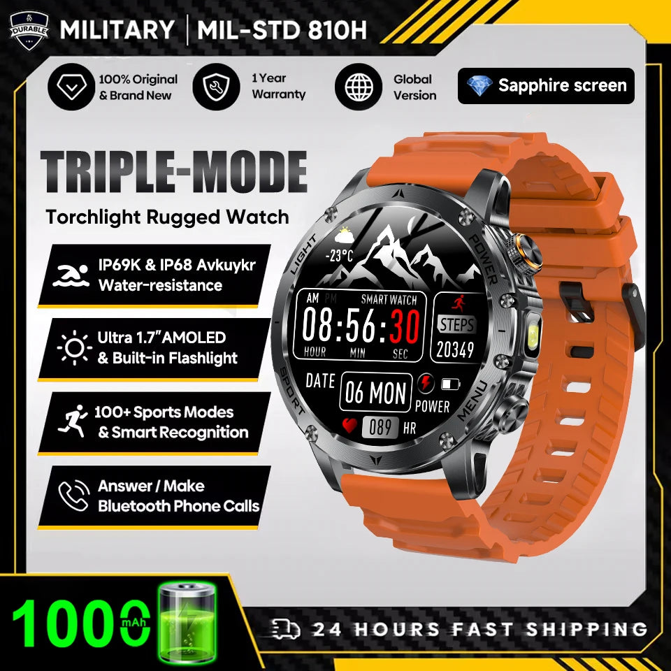 2025 New Military T-Rex 3 Ultra 1000mAh Battery Smart Watch 5ATM Waterproof Flashlight Heart Rate Sports tracker Smartwatch Men
