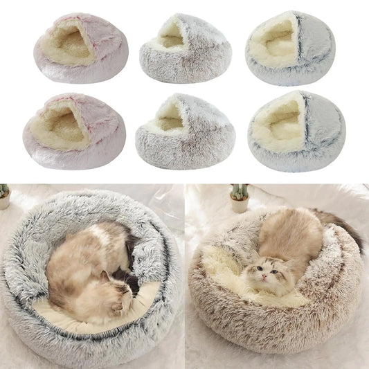Self Warm Plush Hooded Pet Bed Round Fluffy Soft Cat Bed Pet Warm Cushion Cat Dog 2 in 1 Sleeping Nest Cave for Small Medium Pet