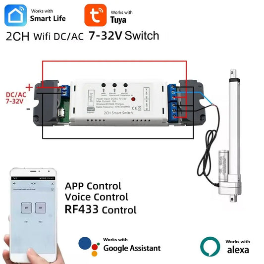 Tuya Wifi Smart Switch Electric Linear Actuator Motor Controller,DC AC 12V 24V 32V,110V 220V RF433 Remote,2CH Pulse Module Relay
