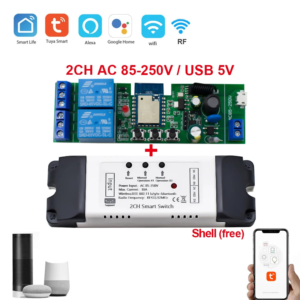 Tuya Wifi Smart Switch Electric Linear Actuator Motor Controller,DC AC 12V 24V 32V,110V 220V RF433 Remote,2CH Pulse Module Relay