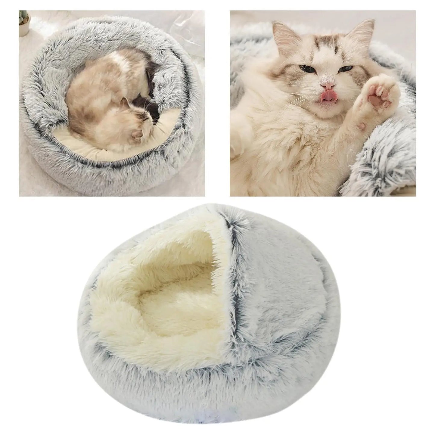 Self Warm Plush Hooded Pet Bed Round Fluffy Soft Cat Bed Pet Warm Cushion Cat Dog 2 in 1 Sleeping Nest Cave for Small Medium Pet