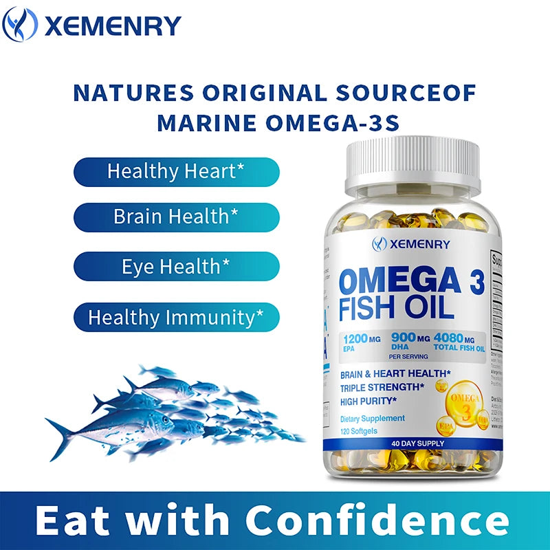 Omega-3 Fish Oil - Rich in Omega-3 Fatty Acids, EPA, DHA - Good for Heart, Brain, Eyes, Immune Health