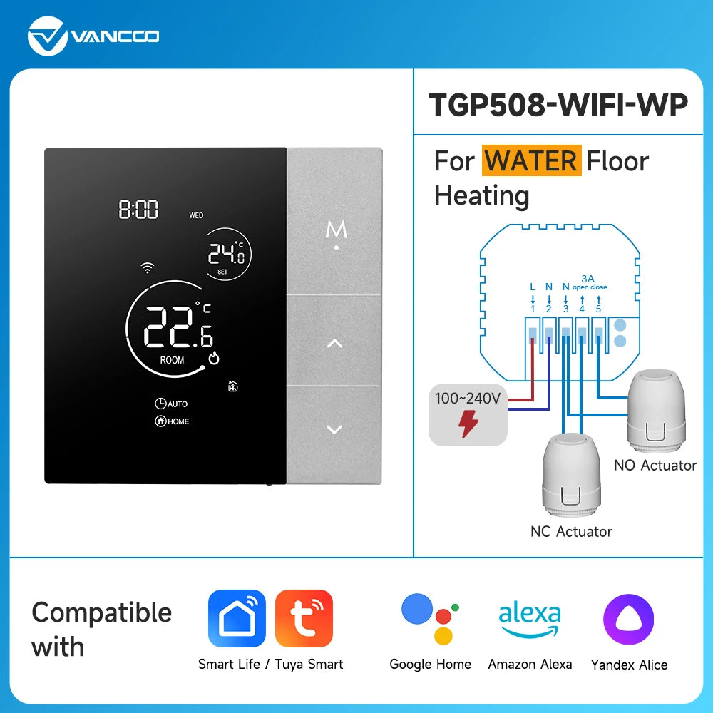 3A Water Floor Heating System Smart WIFI Thermostat with Central Actuators Connecting 8Sub-chamber Hub Controller For Gas Boiler