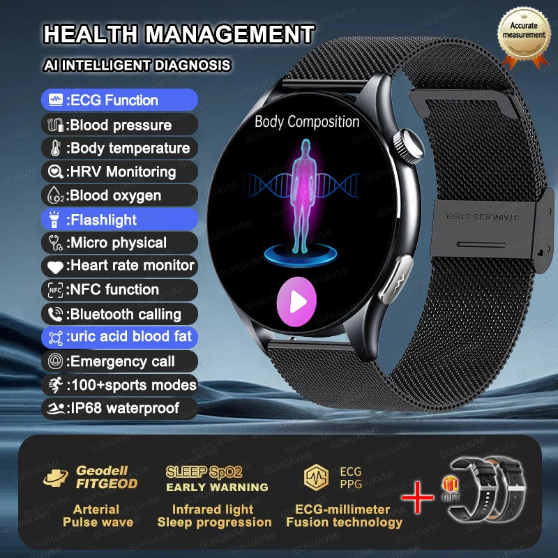 2025 New NFC  Health MonitorUric Acid Blood Pressure Blood oxygen Body Analysis Smart Watch ECG+PPG Clock Smartwatch Men lady