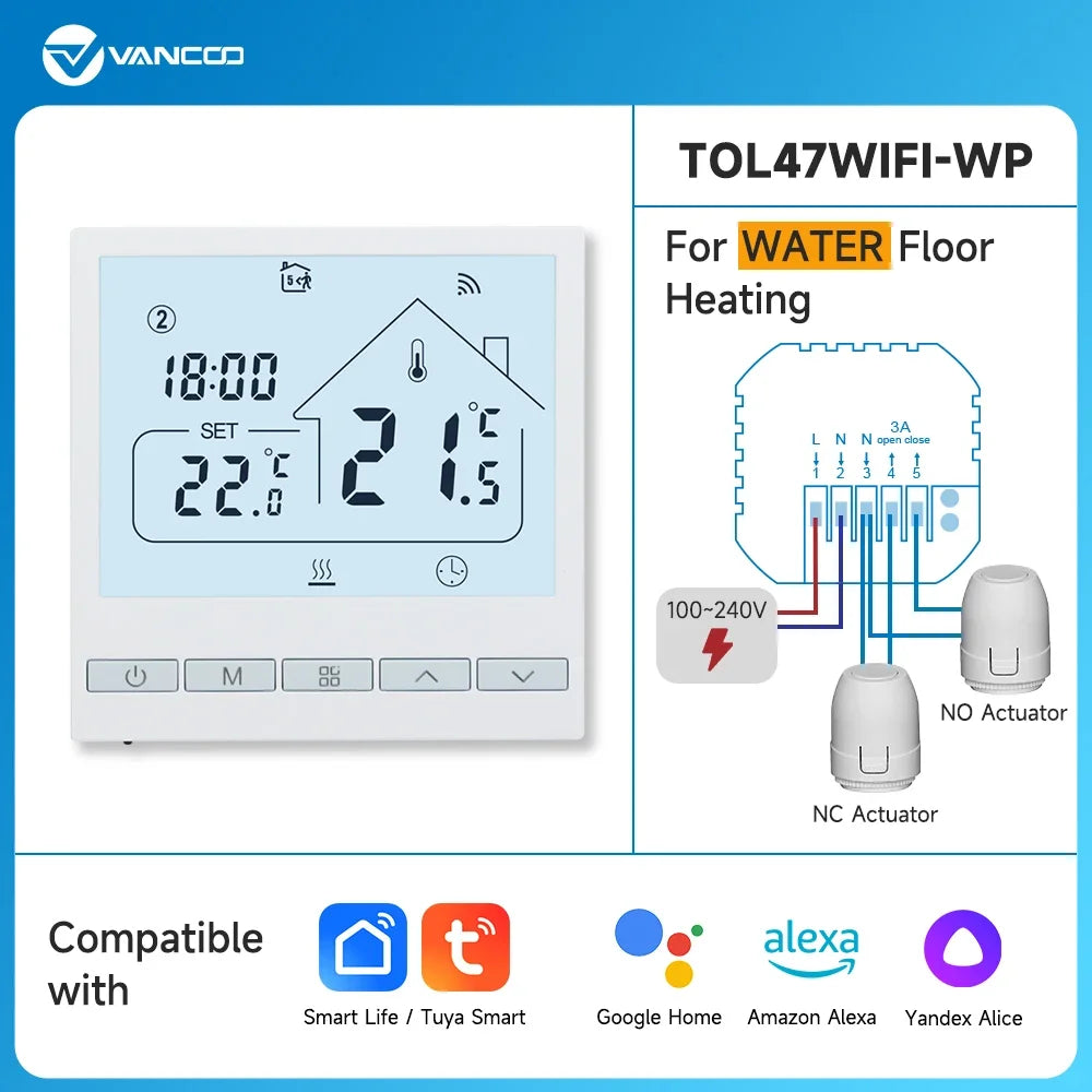3A Water Floor Heating System Smart WIFI Thermostat with Central Actuators Connecting 8Sub-chamber Hub Controller For Gas Boiler