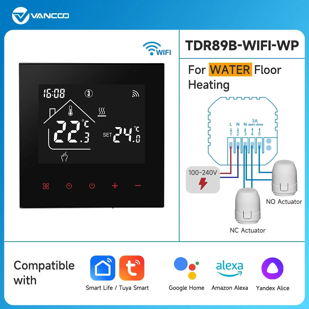 3A Water Floor Heating System Smart WIFI Thermostat with Central Actuators Connecting 8Sub-chamber Hub Controller For Gas Boiler